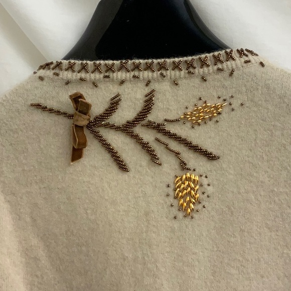 Tan Cardigan Sweater with Beaded Wheat Pattern and Lace Appliqués, Tie Belt (S) - Picture 5 of 15
